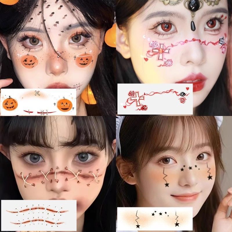 ハロウィーンのキラキラカボチャのタトゥーは小さな悪魔の目尻のメイク顔のシールの小さな魔女の顔のタトゥーを貼っています|undefined