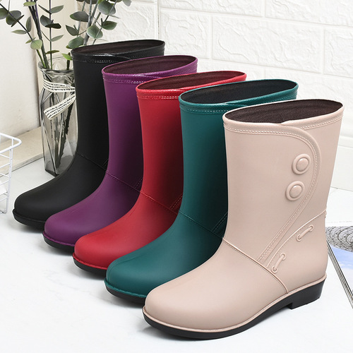 Fashionable Fleece Lined Rain Boots for Women, Warm High-Cut Rain Boots for Winter, Solid Color Low Heel Snow Boots for Outdoors, PVC Rubber Shoes