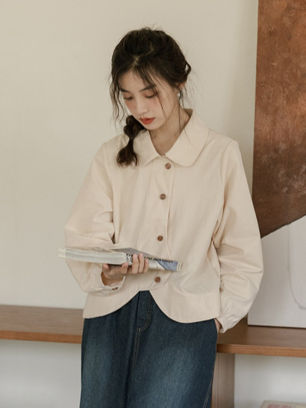 日系磨毛宽松显瘦设计感衬衫上衣女2025早秋款Polo领长袖开衫衬衣|undefined