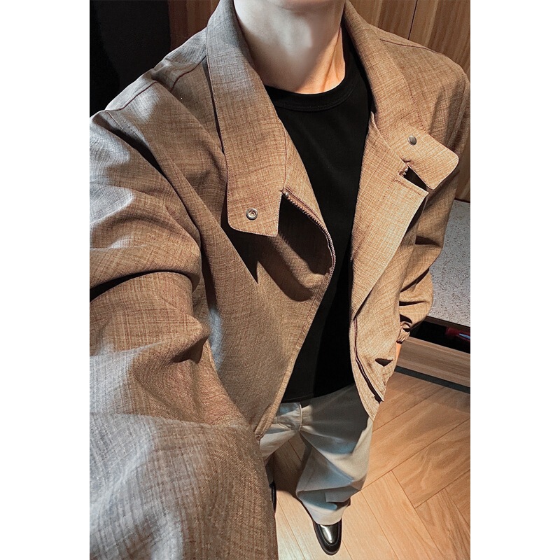 New autumn and winter men's jacket, Hong Kong style, large size, fashionable solid color, stylish lapel, faux linen, handsome zipper jacket, men's coat