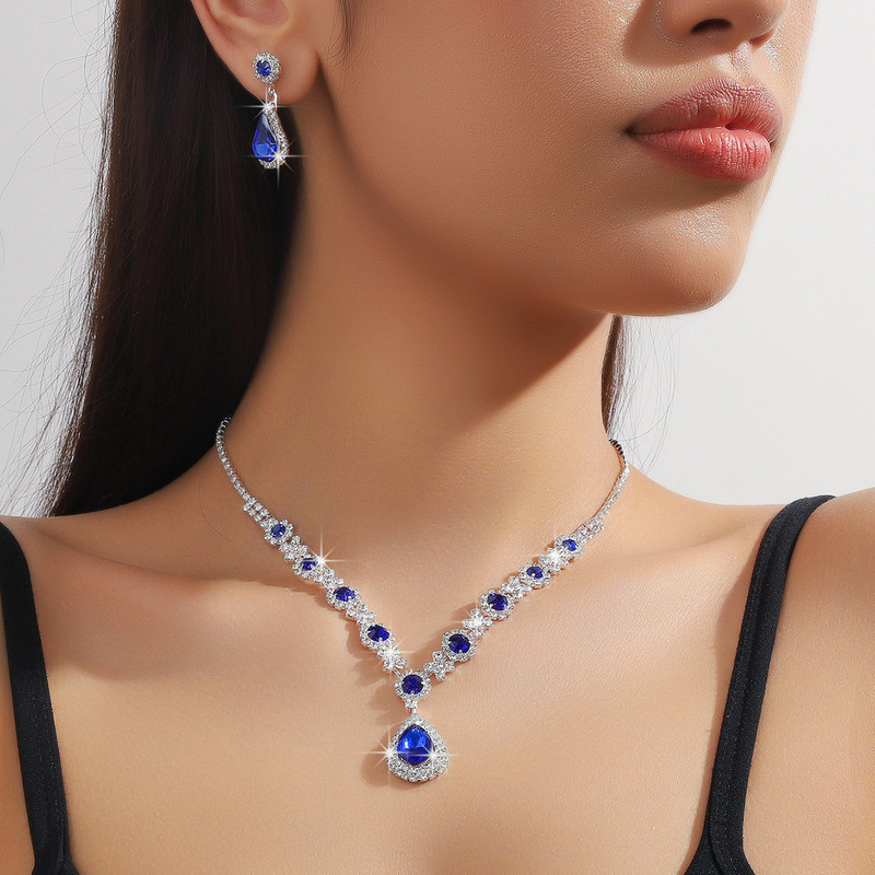Bridal Jewelry Women's Set Cross-Border European and American Crystal Water Drop Necklace and Earrings Two-Piece Set Accessories Versatile Little Chanel Style