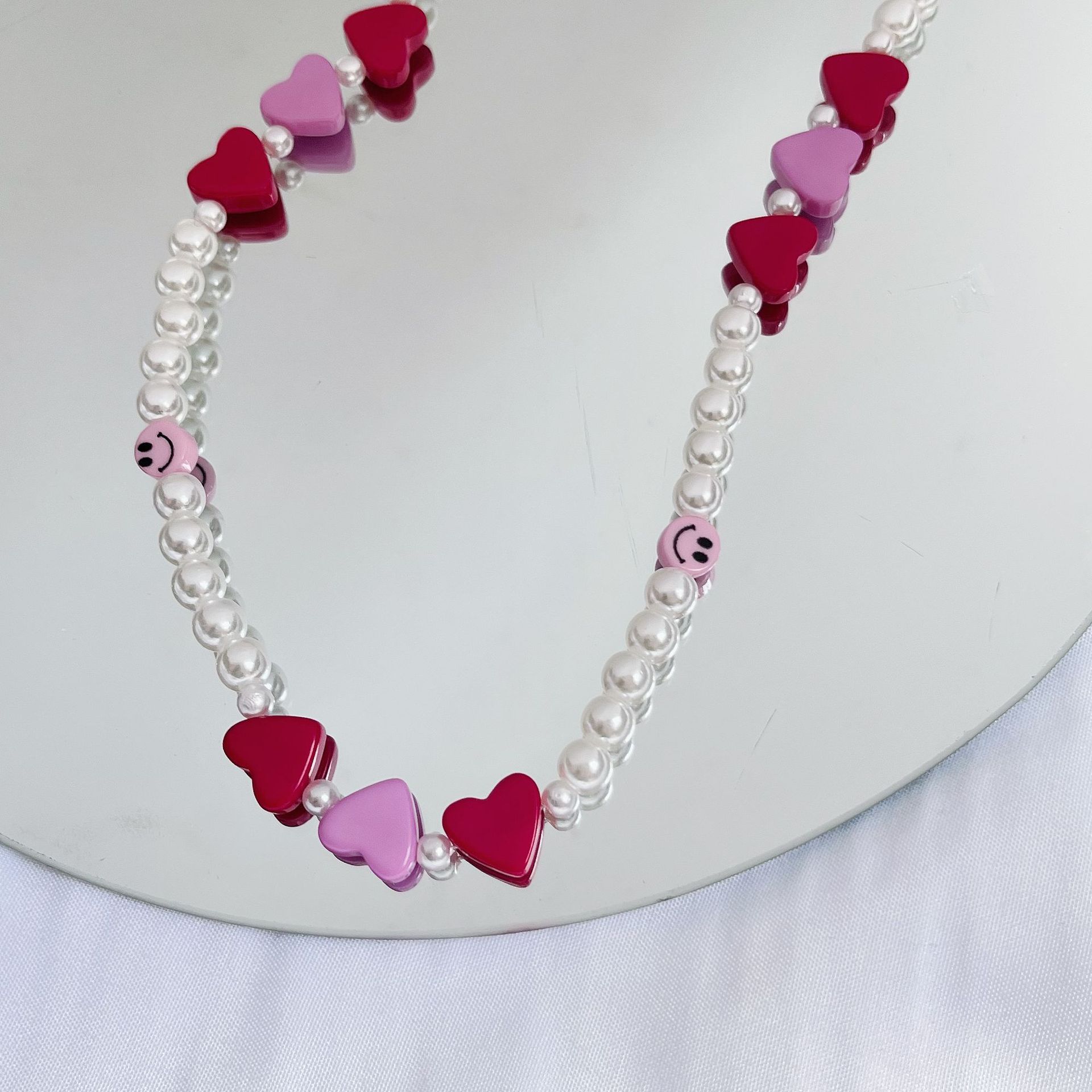 Fashion Pink Pearl Heart Smiley Beaded Necklace