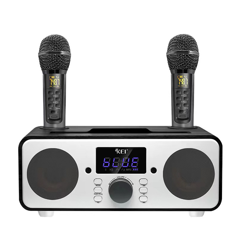 Customized New K06 Bluetooth Speaker Wireless Dual Microphone Sound System Wood Grain Fashionable All-in-One Home KTV_voghion.com