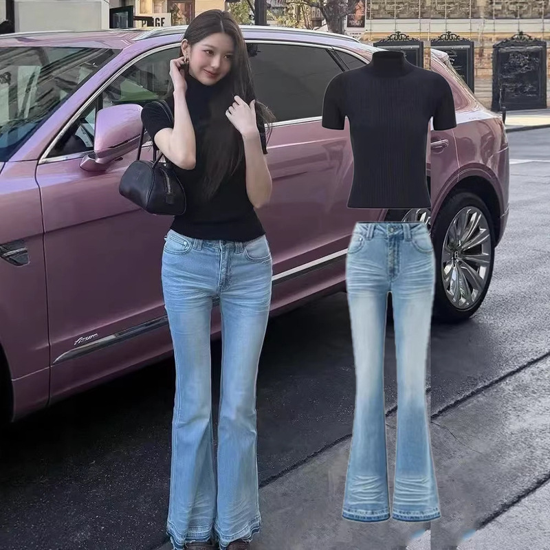 In-Stock Jang Won-Young Style Black High-Neck Knitted Short-Sleeve Top and Flared Jeans Two-Piece Set for Women