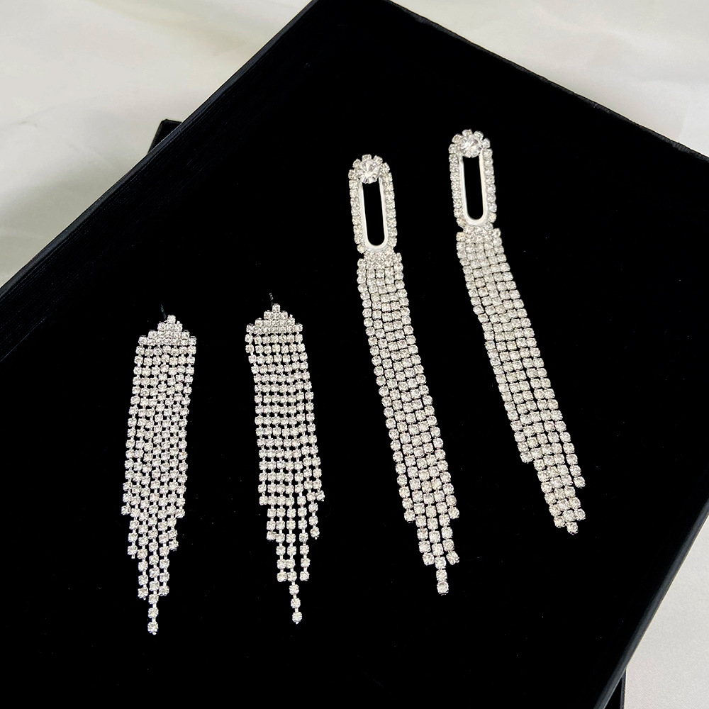 Exaggerated Tassel Rhinestone Drop Earrings For Women Elegant Style_voghion.com