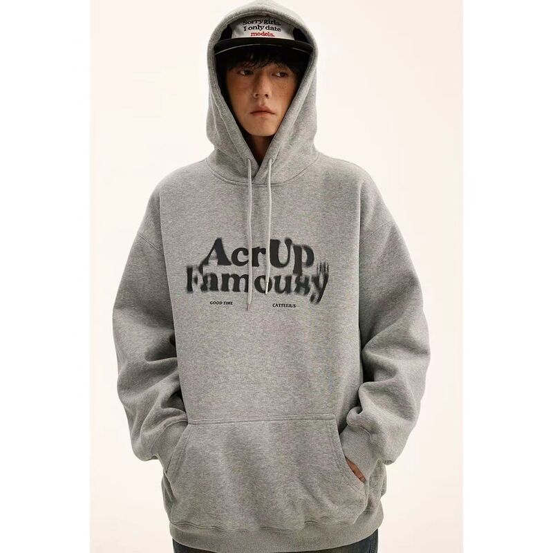 Spring Heavy Fuzzy Letter Hooded Printed Sweatshirt Men's American Loose Slim Hooded Sweatshirt High Street Couple