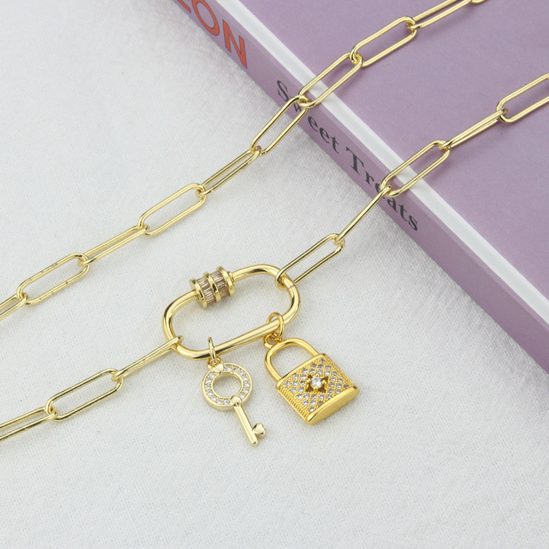 new lock key combination chain pendant simple copper inlaid zirconium necklace