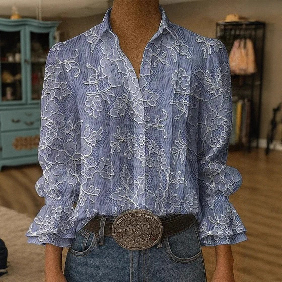Cross-border TEMU new women's bell-sleeve shirt with 3D digital print and long-sleeve casual design