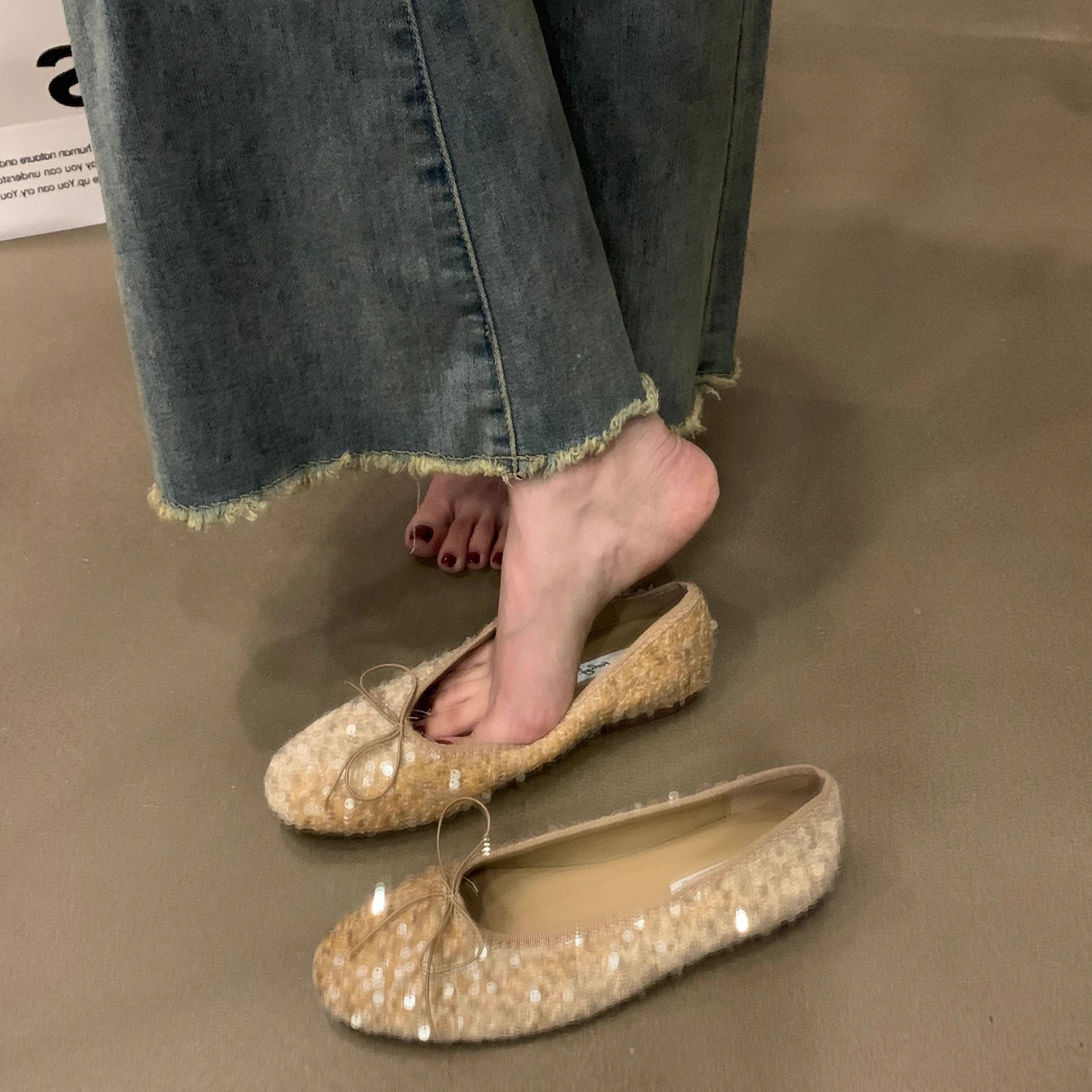 Sequin Flat Shoes with a Chanel-Style Bow, Gentle Fairy Shoes, 2026 New Model, Soft-Soled Ballet Flat Shoes for Women