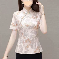 Модифицированный тонкий топ Cheongsam с короткими рукавами, женский летний топ с принтом, новый стиль, уменьшающий возраст, темперамент, маленькая рубашка в материнском стиле, низ