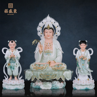 Seated Avalokiteshvara Buddha Statue with Golden Boy and Girl Statues for Home Worship, Imitation of White Marble, Wealth-Giving Boy and Dragon Goddess Statue