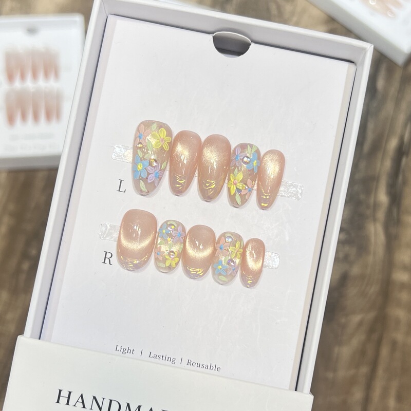 Handmade Wearable Nails Monet Garden Cute Oil Painting Hand-Painted Cat Eye French Style Spring and Summer Brightening Nail Stickers Removable