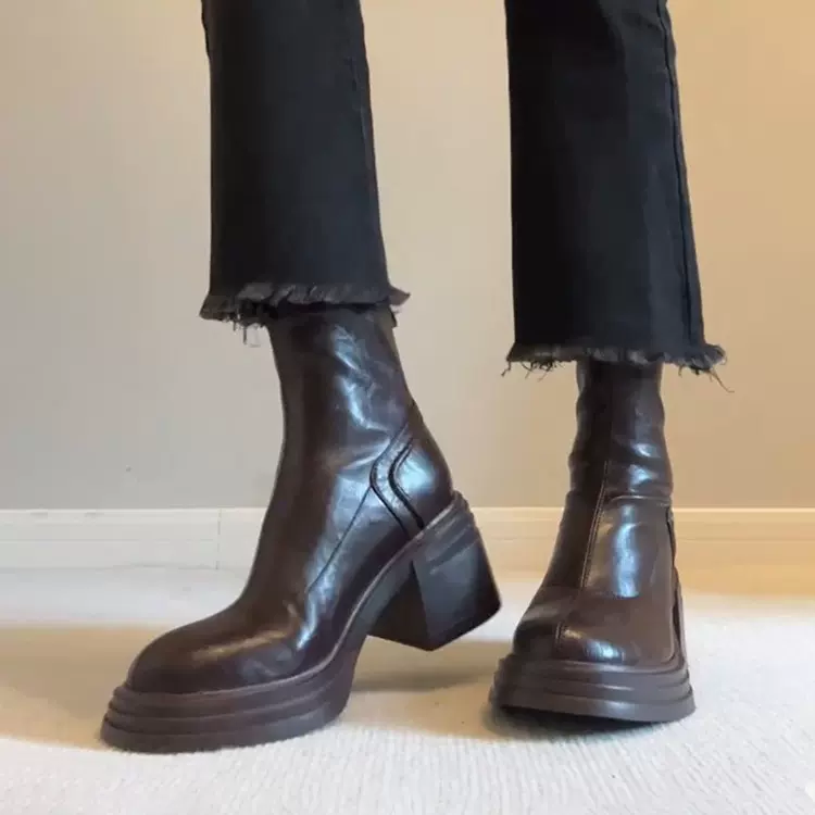 牛皮版~棕色复古真皮厚底增高马丁靴女简约后拉链粗跟复古瘦瘦靴