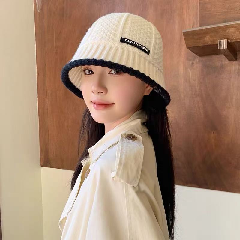 韩版毛线渔夫帽女秋冬保暖贴布字母盆帽时尚气质百搭针织水桶帽子|undefined