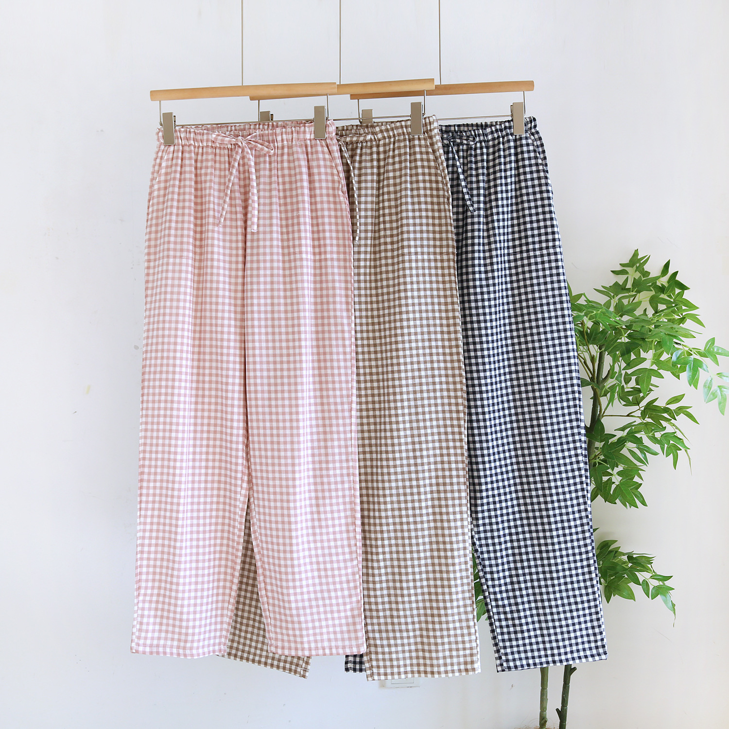 커플 파자마 코튼 더블 거즈 남녀 홈 팬츠 대형 사이즈 중년 청소년 바지 심플 소프트 봄 여름 스타일