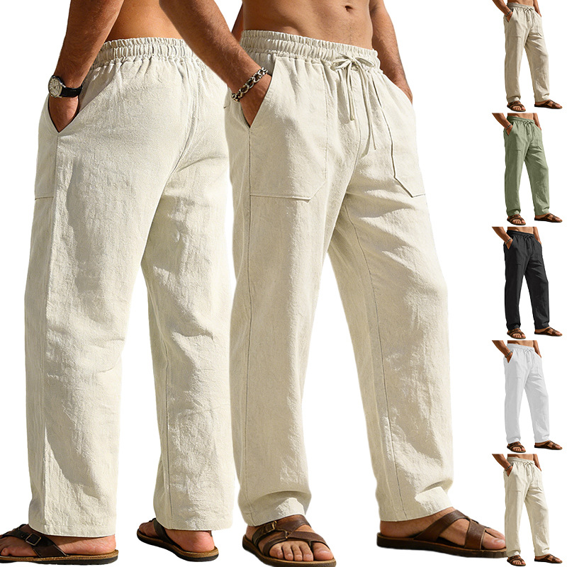 Transfronterizo Amazon algodón y cáñamo en stock pantalones de hombre grandes transpirables pantalones de color sólido pantalones de piernas de calzado casual básico