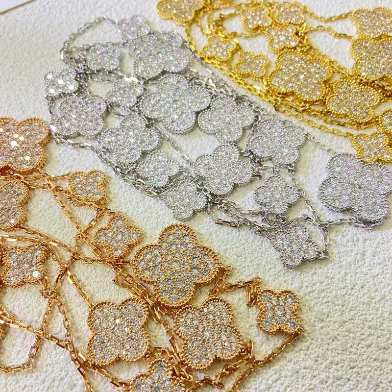 High-End Cnc Four-Leaf Clover Sweater Chain for Women, Full of Diamonds, 18K Rose Gold, Tassel with 16 Flowers, Simple and Sophisticated