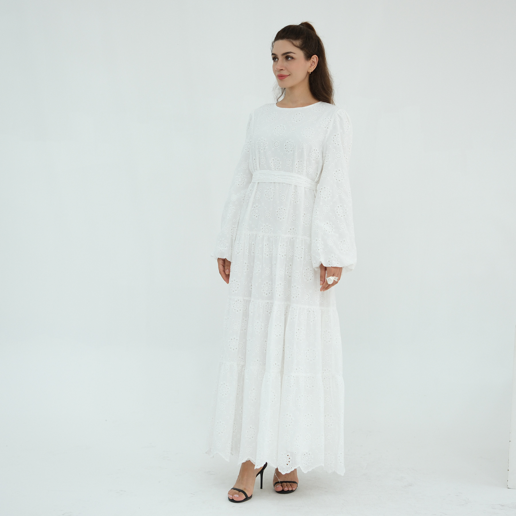 Voya Women's Eyelet Embroidered Maxi Dress-Long Sleeve Tiered Beach Dress With Scallop Hem-Boho Casual Summer Dress, For Holiday, Wedding Guest & Daily_ecoleips.com