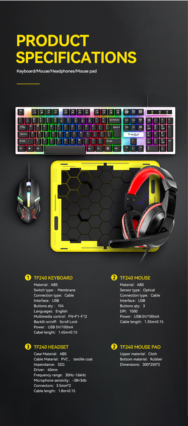 T-WOLF TF240 oyun klavyesi, mouse, kulaklık ve mouse pad seti dörtü bir arada İspanyolca versiyonu