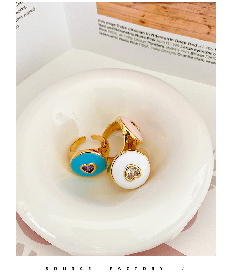 Retro Heart Shape Copper Enamel Zircon Rings 1 Piece