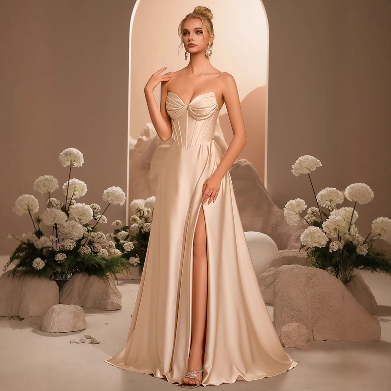 European and American New Style Light Luxury Satin Strapless Evening Dress with Waist-Cinching Fishbone Design, Slim Fit, Slit, Long, High-End Feel, Banquet Dress