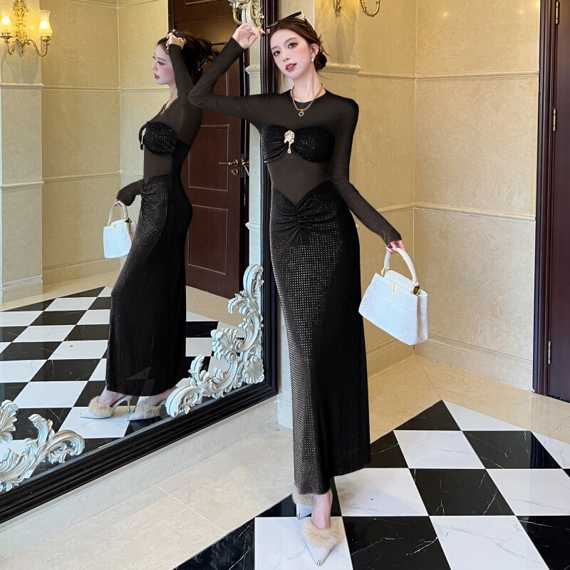 Sexy Hot Diamond Hip-Hugging Banquet Evening Dress Mesh Cut Out Waist Hot Girl Dress Multiple Pieces Available for Customization