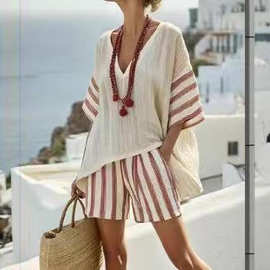 2026 跨境亚马逊 temu Digital Print Top V Neck Shorts Set