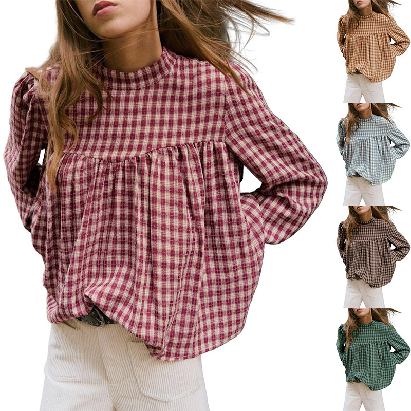 European and American cross-border Amazon independent site 2026 autumn and winter new women's high-neck pullover plaid shirt babydoll shirt European and American cross-border Amazon independent site 2026 autumn and winter new women's high-neck pullover plaid shirt babydoll shirt