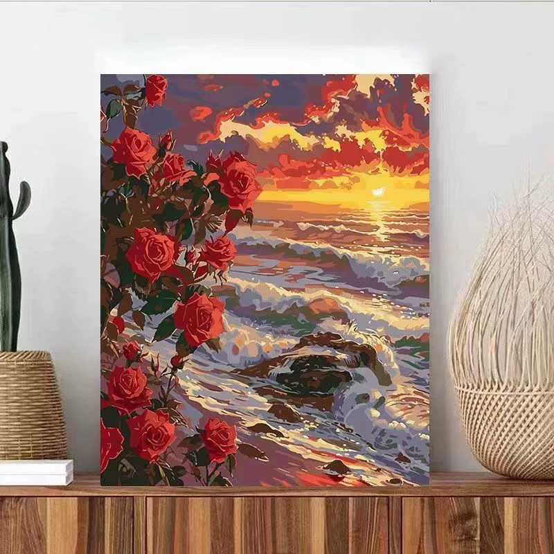 DIY numeric oil painting rose hand-painting color-fill camellia healing hand-drawn simple floral living room decorative painting wall hanging