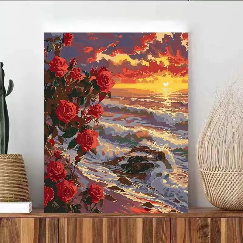 DIY numeric oil painting rose hand-painting color-fill camellia healing hand-drawn simple floral living room decorative painting wall hanging
