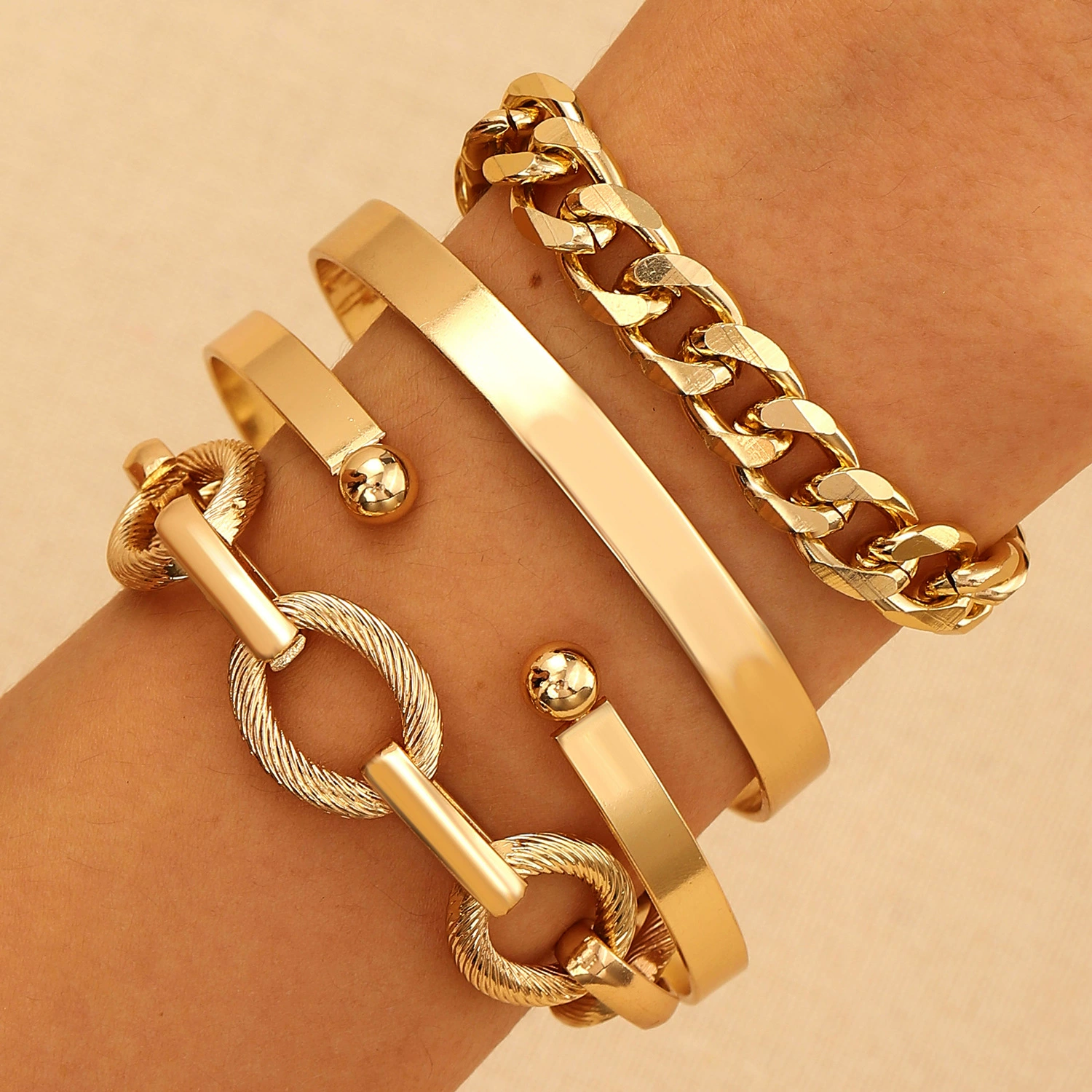 Metal Bracelet Set, 4-Piece Multi-Style (hip-hop, punk, European) – mixed finishes