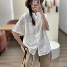 2026夏季新款短袖女钩花刺绣衬衫棉麻复古休闲宽松开扣上衣衬衣