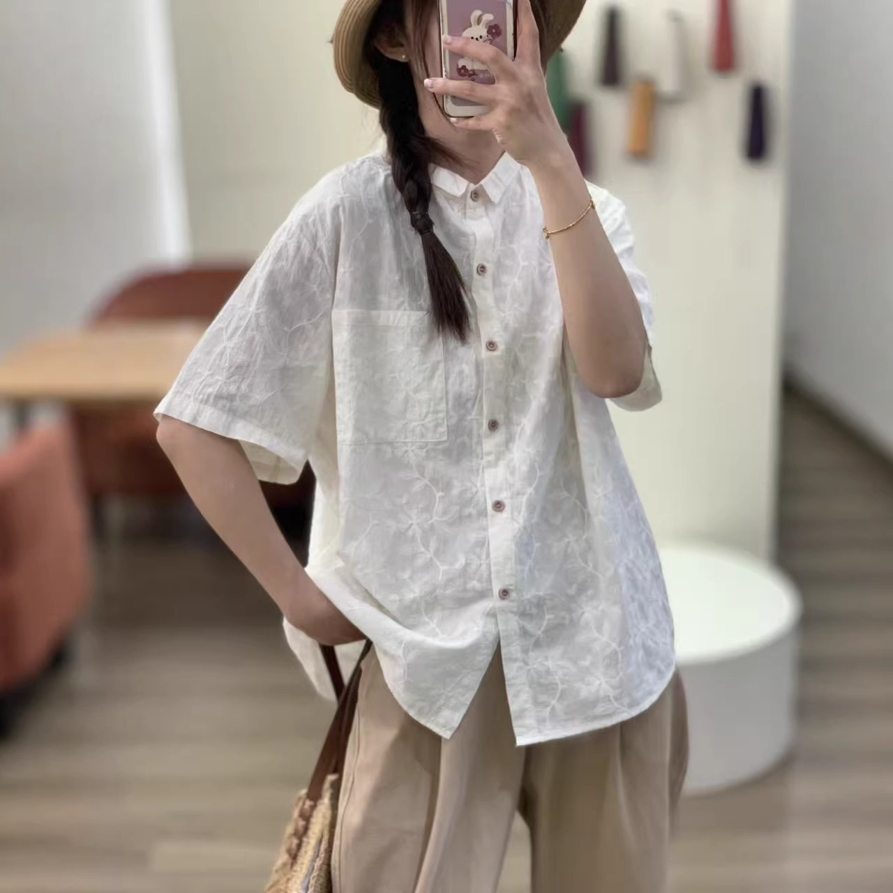 2026夏季新款短袖女钩花刺绣衬衫棉麻复古休闲宽松开扣上衣衬衣