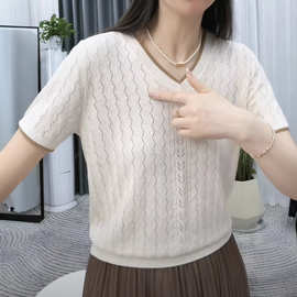 冰丝短袖恤女夏季纯色简约拼色遮肚子上衣领宽松薄款镂空针织衫