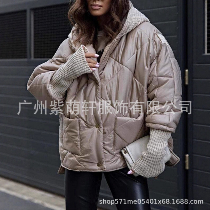 2025独立站秋冬欧美跨境时尚宽松毛衣拼接开衫立领女式外套棉服|undefined