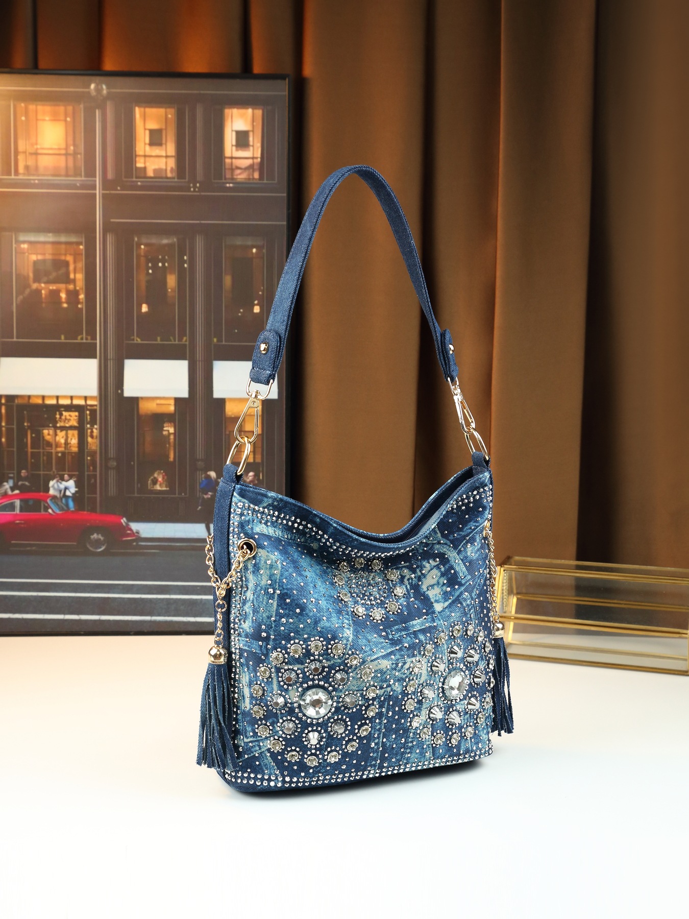 Borsa a spalla da donna in jeans con strass borsa a tracolla_voghion.com