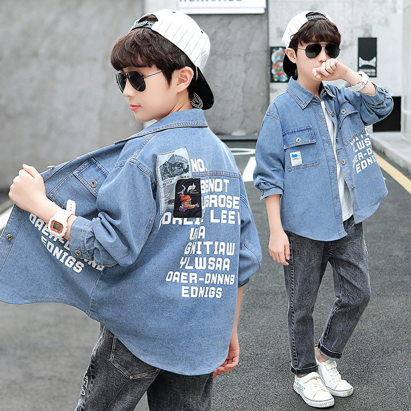 2021 Spring and autumn season Children's clothing new pattern Boy Korean Edition back letter printing cowboy shirt CUHK shirt