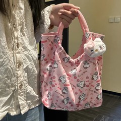 Ins高颜値満印猫キャンバスハンドバッグかわいい漫画ポータブル通勤大容量ハンドバッグ