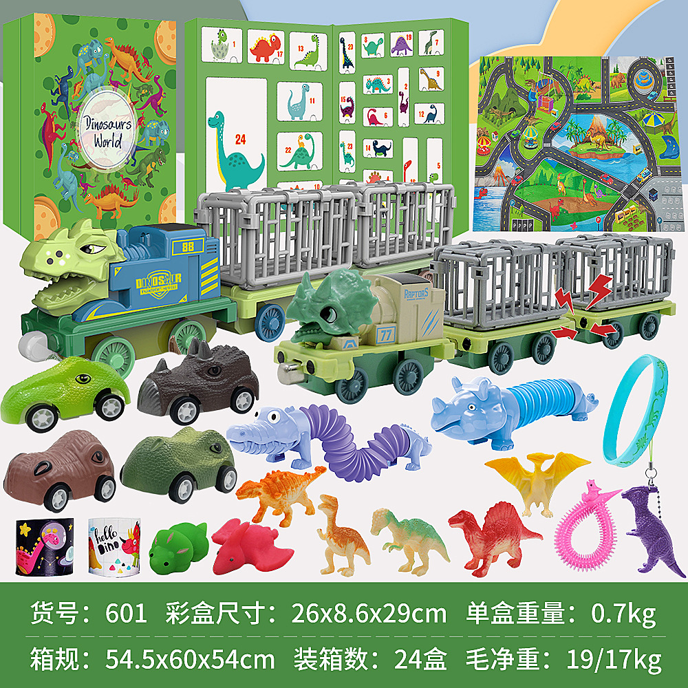 Tarjeta de identificación de dinosaurio transfronteriza caja ciega Tyrannosaurus coche de juguete Triceratops tubo telescópico extrusión CALENDARIO DE cuenta atrás
