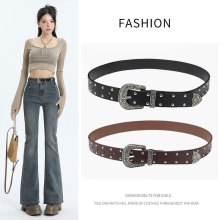 新款潮流柳钉金属扣腰带女美式复古朋克黑色腰带男炫酷千禧风裤带