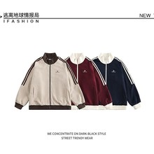 美式复古拼色三杠条纹立领开衫女学院风休闲百搭情侣款华夫格外套