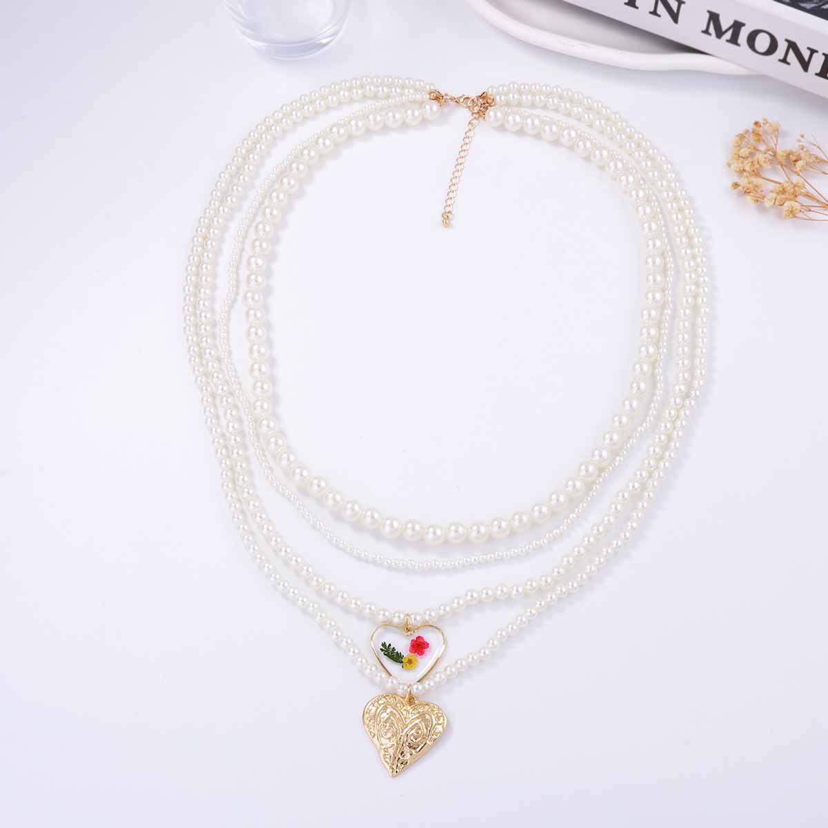 All Seasons Season Women's Imitation Pearl Zinc Alloy Beaded Chain Heart Shape Flower Layered Necklaces Imitation Pearl Jewelry