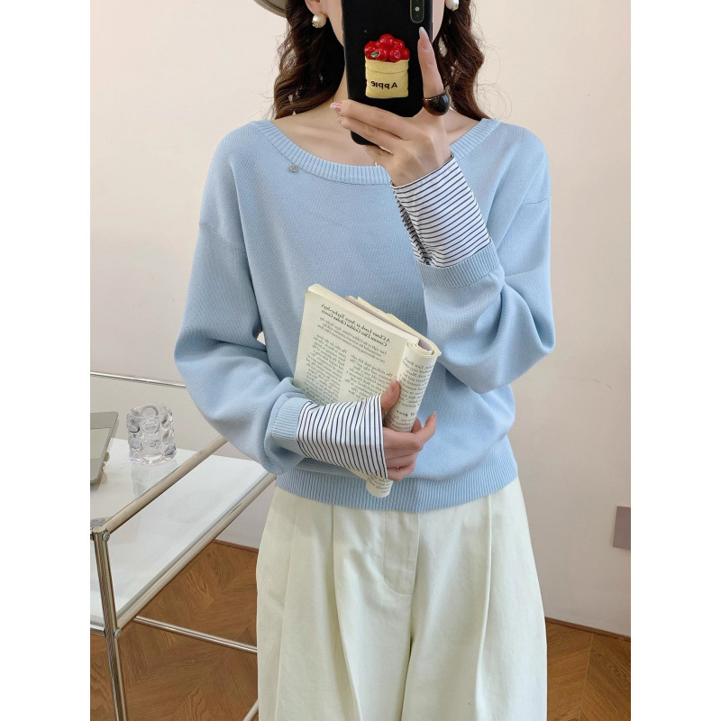 KANING斜肩条纹袖口拼接针织衫女2025秋冬新款假两件宽松显瘦毛衣|undefined