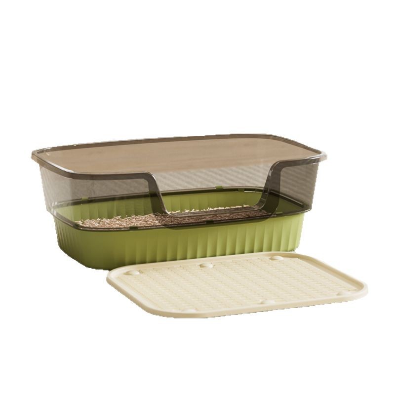 Inodoro para gatos abierto de alta valla, cuenca de arena para gatos, anti-spillado semicirculado para aumentar la capacidad