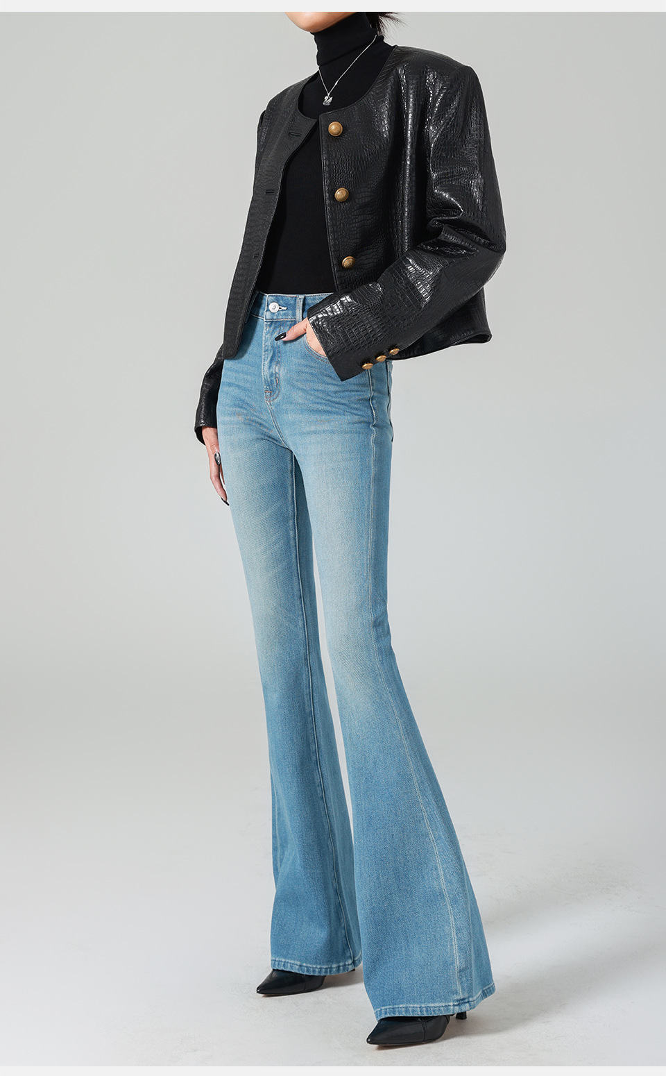 Retro High Waist Micro-horn Jeans Women's Jeans Versatile Four-season Color Four-sided Elastic Tight Body Hip Lift_ecoleips.com