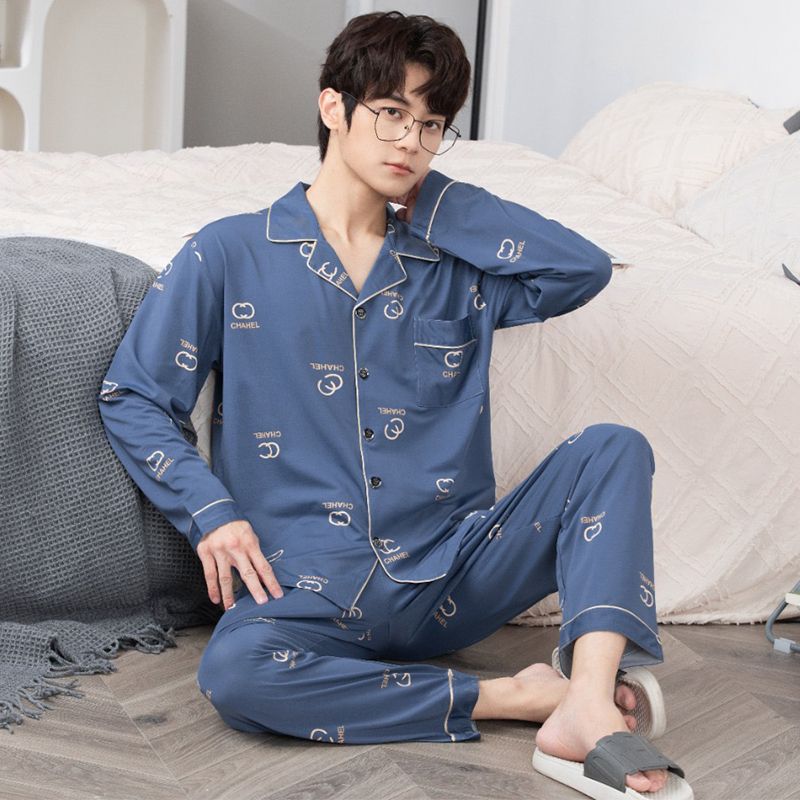 Pijamas de algodón de los hombres de primavera y verano Pantalones delgados de manga corta cardigan niños pueden usar fuera más tamaño homewear de verano