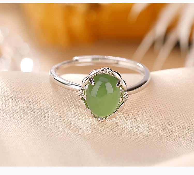 Nhẫn nữ bạc S925 mặt trứng ngọc bích mạ vàng phong cách đơn giản thanh lịch — Kiểu mạ bạch kim, Kiểu mạ vàng chi tiết 4