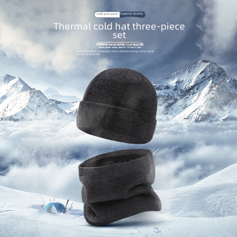 European and American winter hat scarf gloves three-piece men's knitted hat velvet winter wool hat scarf _voghion.com