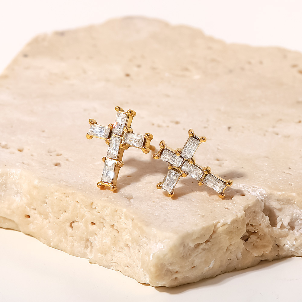 Fashion Cross Stainless Steel Ear Studs Plating Zircon Stainless Steel Earrings