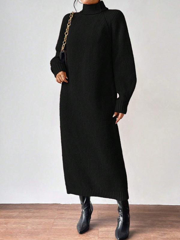 Women Clothing Woolen Pullover High Collar Long Sleeve Knitted Dress Solid Color Long Inner Wear Dress